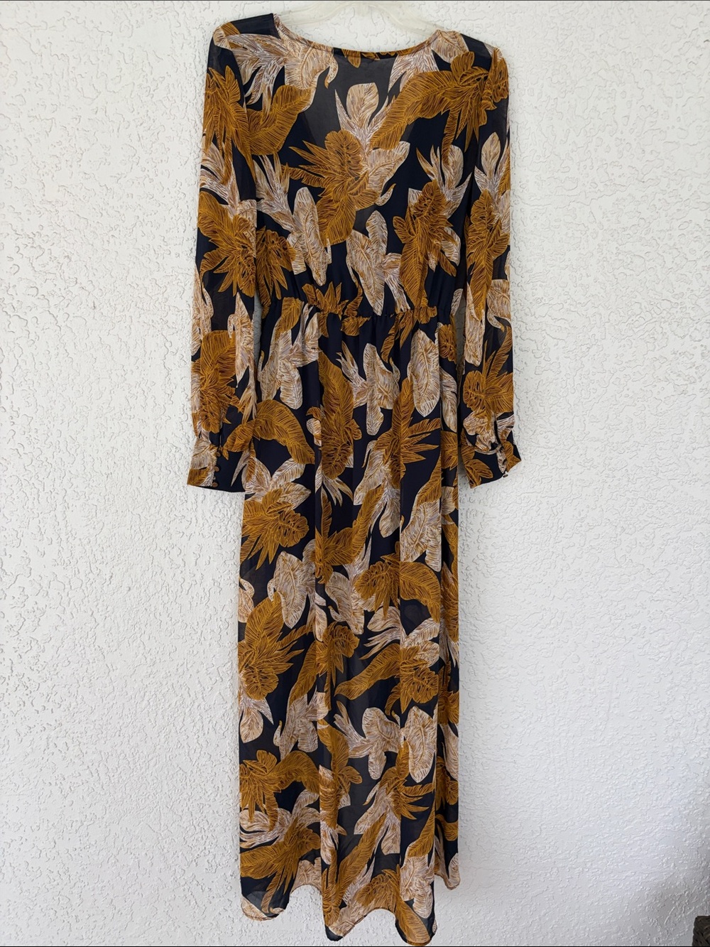 Pink Stitch Floral Print maxi dress in Mustard & Black open front size L - Picture 4 of 13